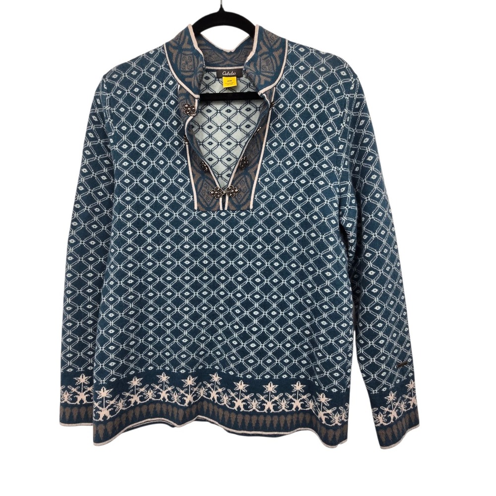 Cabelas Fair Isle Wool Sweater Women M Blue Nordic Metal Clasps *Read* Apres Ski